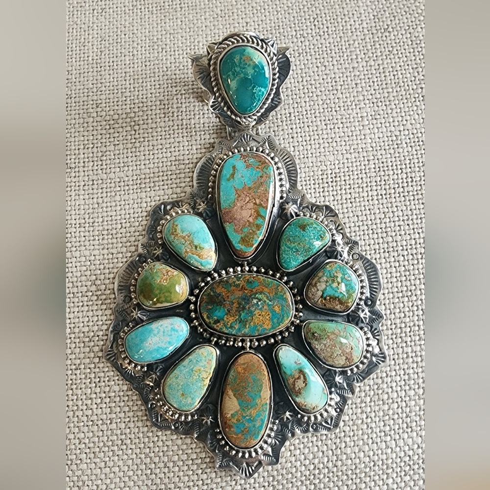 Large Navajo Artist Kathleen Yazzie Royston Turquoise Sterling Pendant